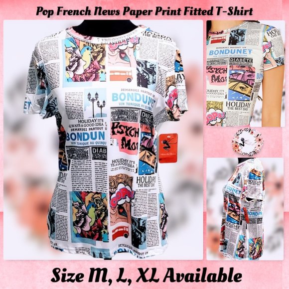 The MBM Boutique Tops - ⭐️Host Pick⭐️New Pop French Newspaper print fitted T-shirt Sizes M, L, XL